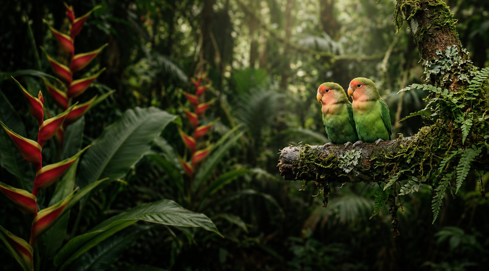 Dos agapornis en una rama en la selva junto a flores de heliconia