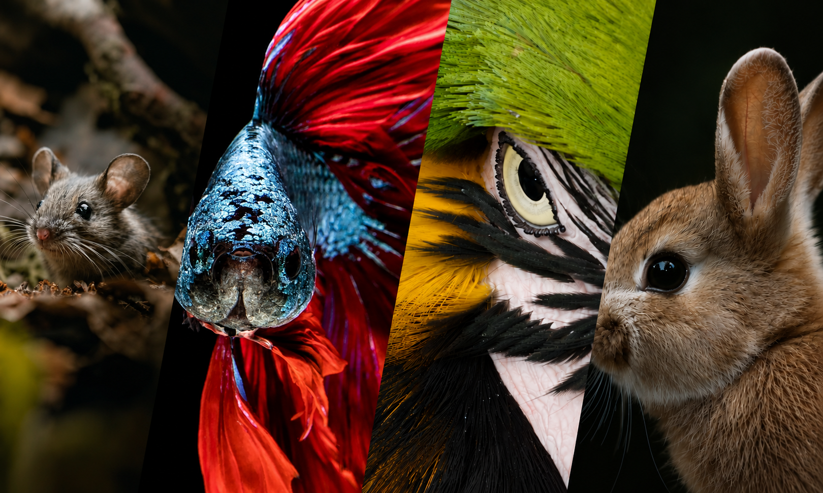 Ratón, pez betta, agapornis y conejo, las especies que cuidamos en Exotik Zoo
