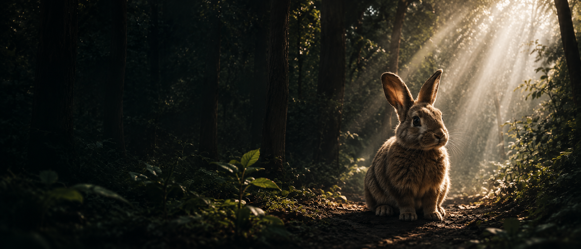 Conejo en un sendero de bosque iluminado por rayos de sol entre los árboles
